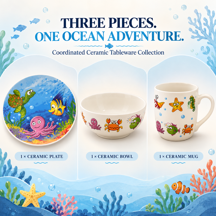3 Piece Ceramic Dinnerware Set with Plate, Bowl & Mug, Colourful Ocean Sea Life Design, Fish, Turtle, Crab & Starfish Pattern, Breakfast Dining Set for Everyday Meals, Snacks, Cereal & Drinks