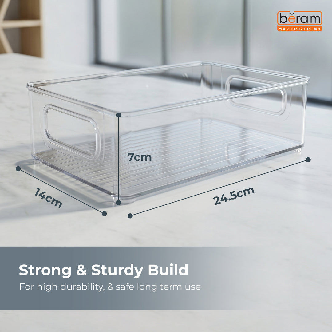 Beram PureNest – Sleek Transparent Storage Basket for Home & Kitchen Clear PET Organizer Bin with Handles Rectangular Container for Pantry Fridge Freezer Cabinets BPA-Free Multipurpose Storage Box