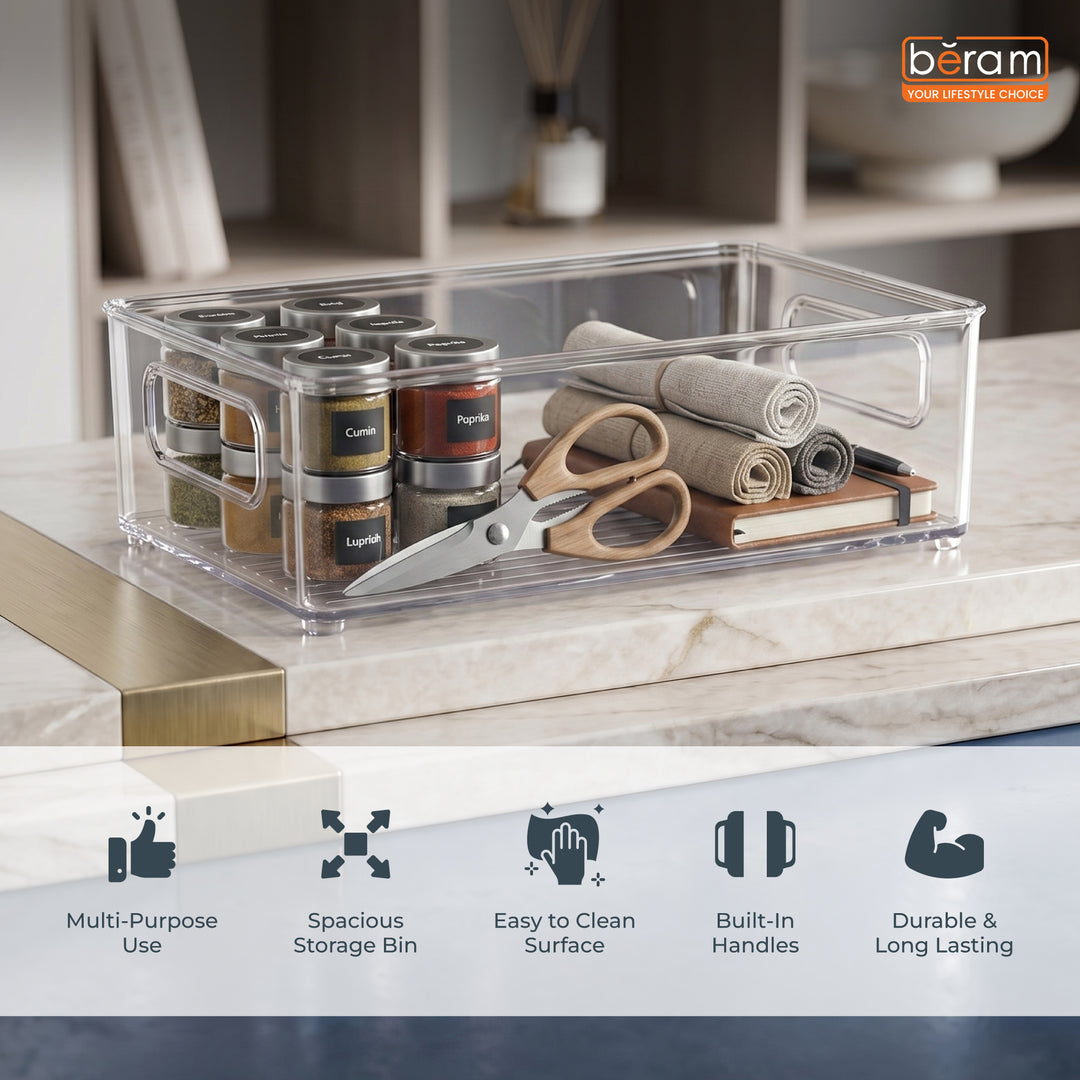 Beram PureNest – Sleek Transparent Storage Basket for Home & Kitchen Clear PET Organizer Bin with Handles Rectangular Container for Pantry Fridge Freezer Cabinets BPA-Free Multipurpose Storage Box