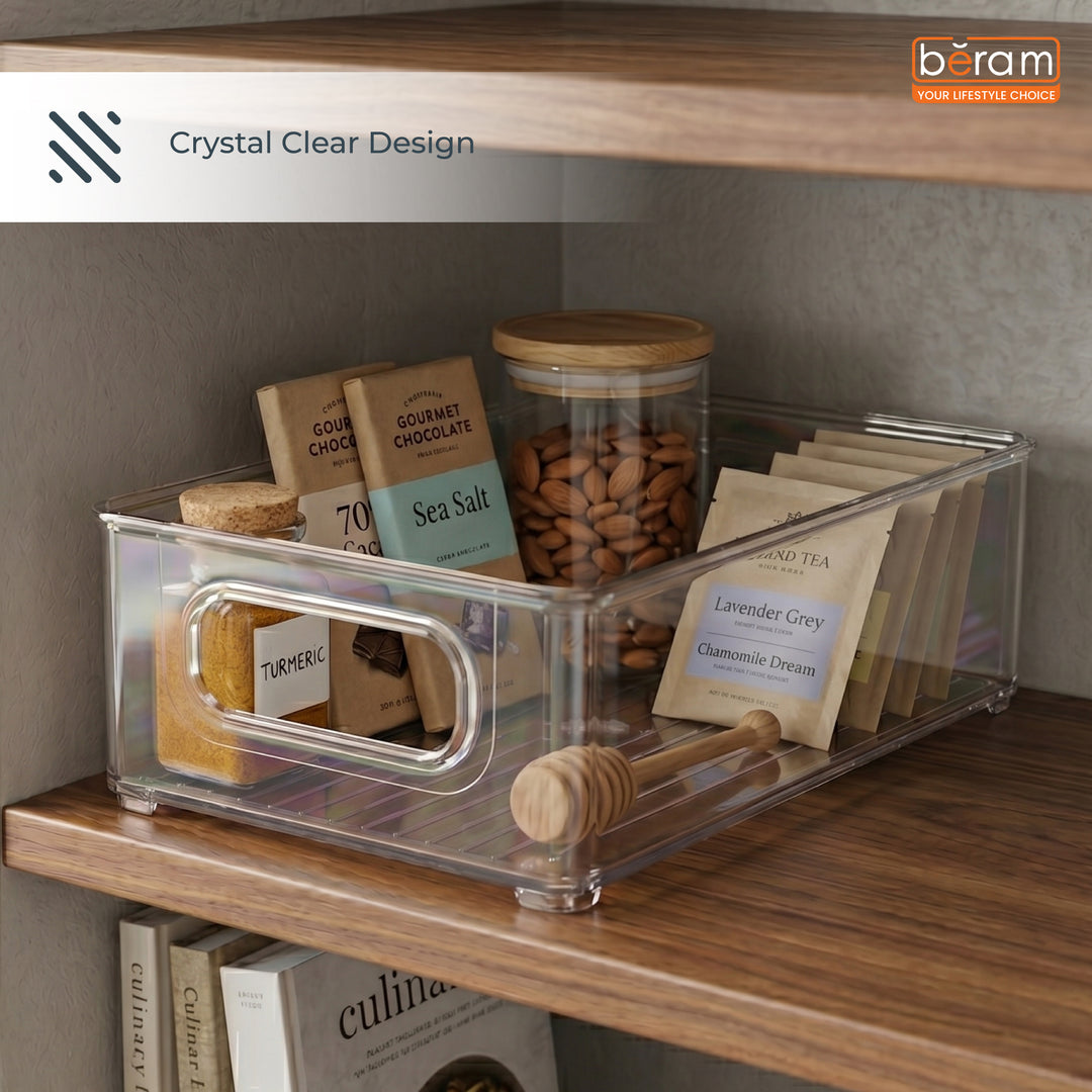 Beram PureNest – Sleek Transparent Storage Basket for Home & Kitchen Clear PET Organizer Bin with Handles Rectangular Container for Pantry Fridge Freezer Cabinets BPA-Free Multipurpose Storage Box