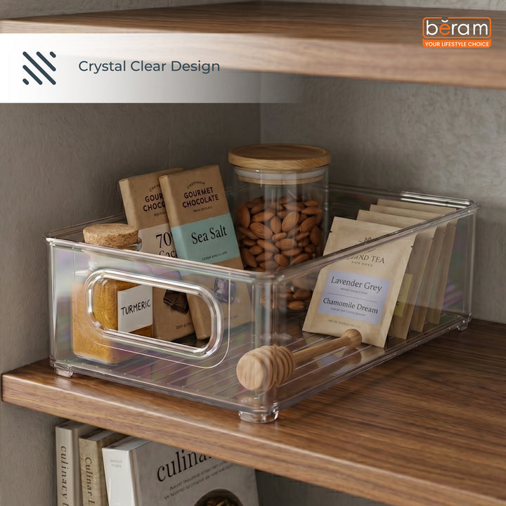 Beram PureNest – Sleek Transparent Storage Basket for Home & Kitchen Clear PET Organizer Bin with Handles Rectangular Container for Pantry Fridge Freezer Cabinets BPA-Free Multipurpose Storage Box