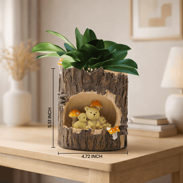 Woodland Animal Planter Set Polyresin Decorative Flower Vase Cute Squirrel Bunny and Bear Succulent Pots Tree Trunk Design Indoor Outdoor Home Garden Decor Pen Pencil Holder Gift Epoxy Coated Finishing