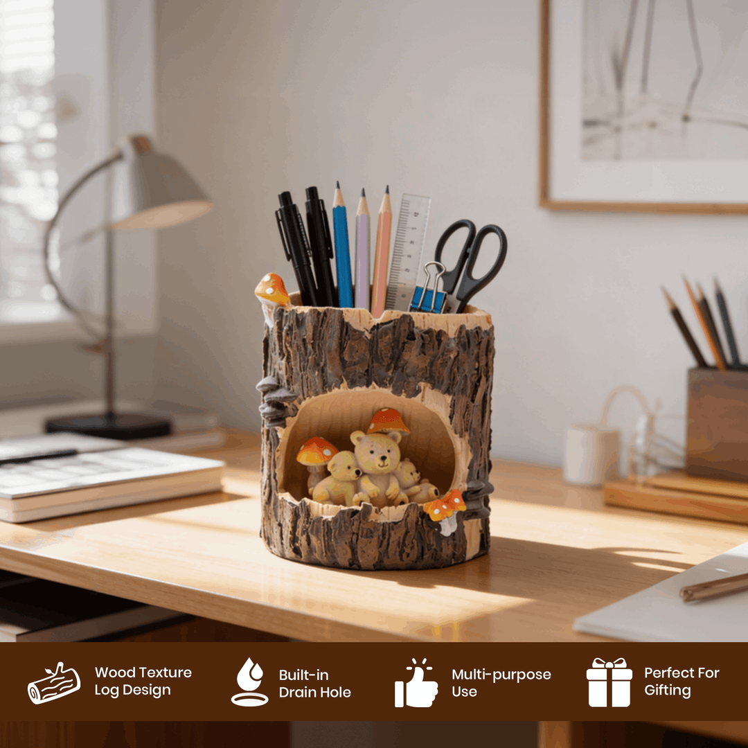 Woodland Animal Planter Set Polyresin Decorative Flower Vase Cute Squirrel Bunny and Bear Succulent Pots Tree Trunk Design Indoor Outdoor Home Garden Decor Pen Pencil Holder Gift Epoxy Coated Finishing