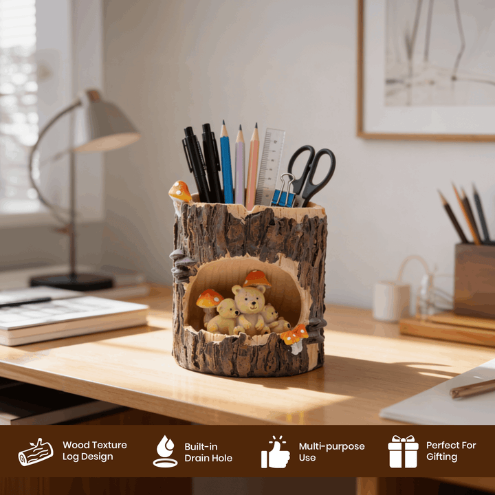 Woodland Animal Planter Set Polyresin Decorative Flower Vase Cute Squirrel Bunny and Bear Succulent Pots Tree Trunk Design Indoor Outdoor Home Garden Decor Pen Pencil Holder Gift Epoxy Coated Finishing