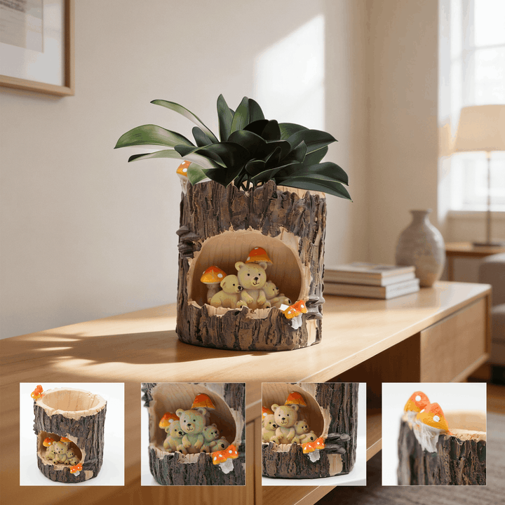 Woodland Animal Planter Set Polyresin Decorative Flower Vase Cute Squirrel Bunny and Bear Succulent Pots Tree Trunk Design Indoor Outdoor Home Garden Decor Pen Pencil Holder Gift Epoxy Coated Finishing