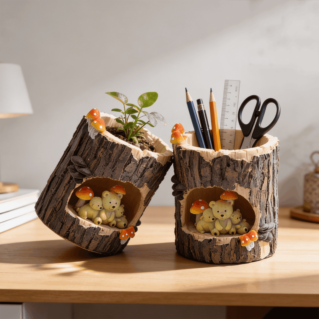 Woodland Animal Planter Set Polyresin Decorative Flower Vase Cute Squirrel Bunny and Bear Succulent Pots Tree Trunk Design Indoor Outdoor Home Garden Decor Pen Pencil Holder Gift Epoxy Coated Finishing