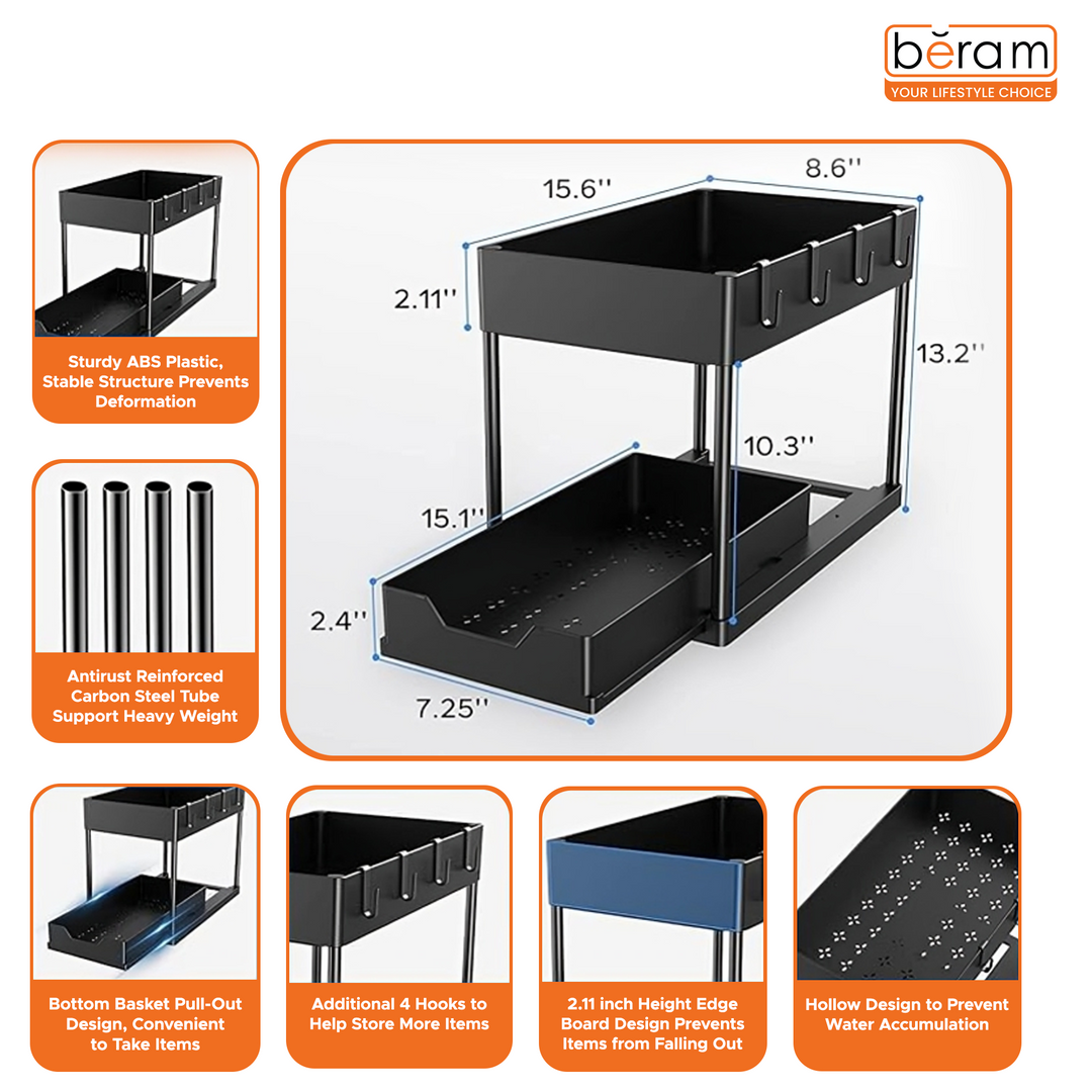 Beram Under Sink Organizer 2-Tier Sliding Cabinet Shelf Rack with Pull Out Drawer Hooks Double Layer Bathroom Kitchen Bedroom Countertop Storage Rack Space Saving Organizer Black