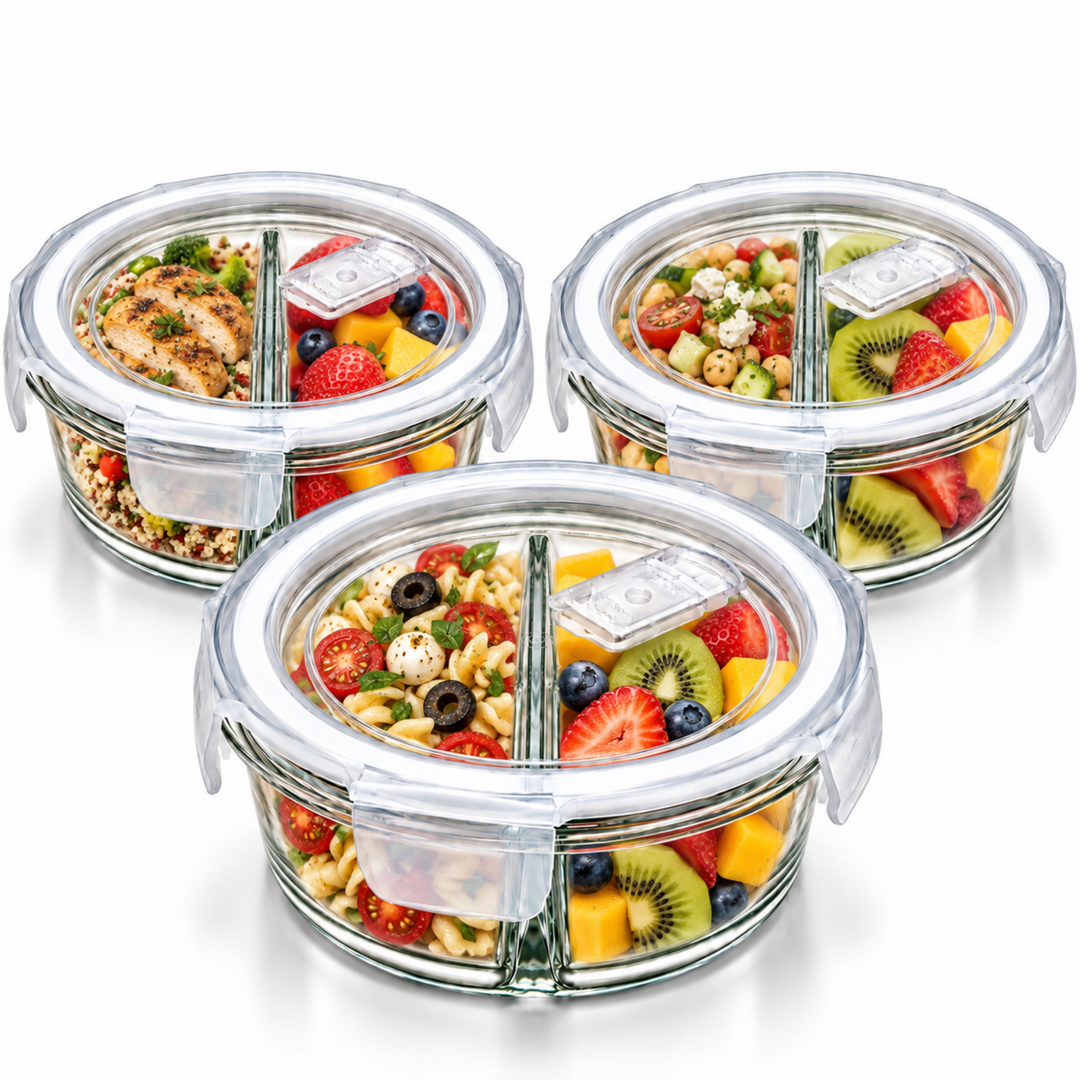 Glass Food Storage Container with Airtight Locking Lid Round 3 Compartment 850ml High Borosilicate Leakproof Meal Prep Lunch Box, Microwave Freezer Refrigerator Safe Glass Container for Food Storage