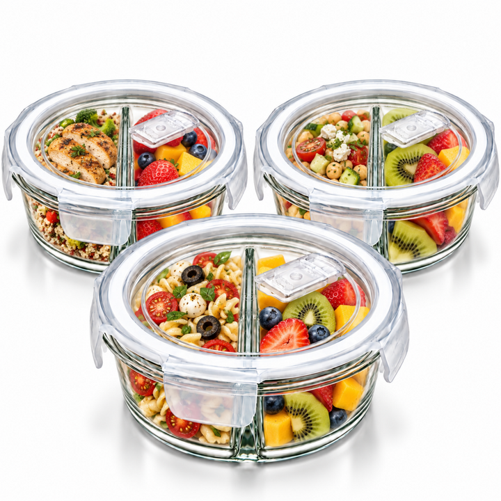 Glass Food Storage Container with Airtight Locking Lid Round 3 Compartment 850ml High Borosilicate Leakproof Meal Prep Lunch Box, Microwave Freezer Refrigerator Safe Glass Container for Food Storage