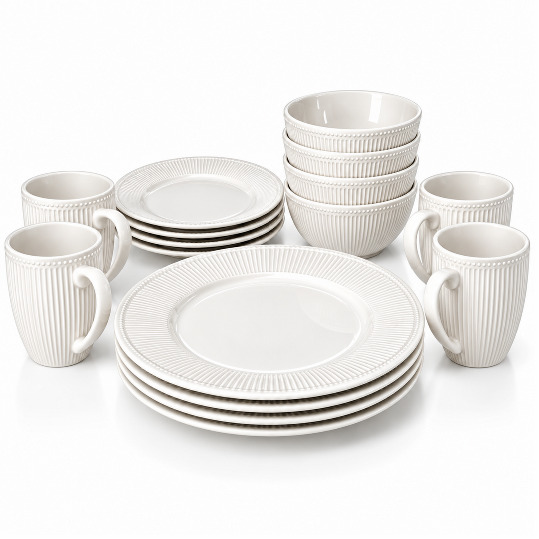 16 Piece Porcelain Dinnerware Set for 4, White Ribbed Ceramic Plates Bowls & 380ml Coffee Mugs, Modern Round Dinner Set with 4 Dinner Plates, 4 Side Plates, 4 Bowls & 4 Cups for Home Dining
