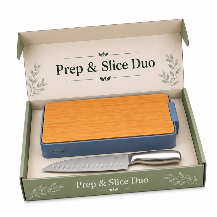 BERAM Prep & Chop Pro Kit – Bamboo Chopping Board with Wall Mounted Food Storage Design & 5 Inch Santoku Knife, 3CR13 Stainless Steel Sharp Kitchen Knife for Chopping, Slicing, Mincing, Meat, Fruits & Vegetables