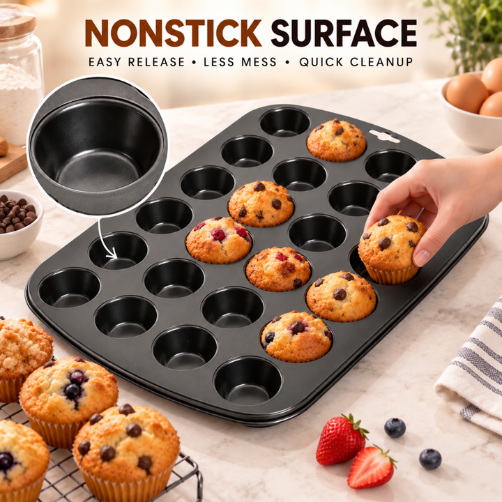 Beram Mini 24 Cupcake Tray Non Stick Carbon Steel Muffin Pan Heavy Duty Oven Safe Bakeware Baking Tray for Cupcakes Muffins Brownies Cookies Pastry Tarts Desserts BPA Free Kitchen Baking Pan