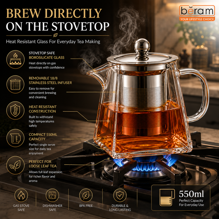 BERAM Glass Teapot with Removable 18/8 Stainless Steel Infuser – 550ml Borosilicate Glass Tea Kettle with Square Base, Stovetop Safe, Handcrafted Loose Leaf Tea Maker for Home or Office