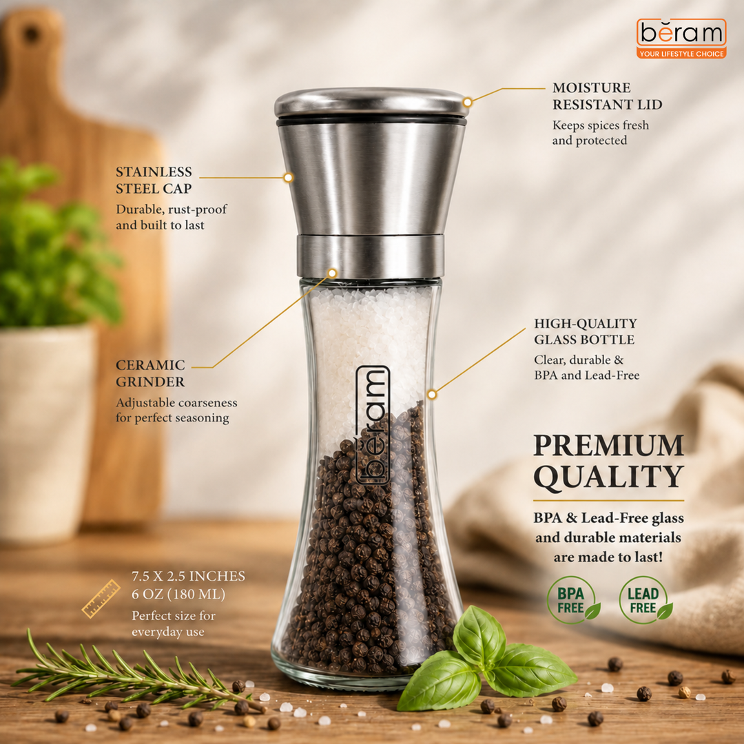 BERAM Salt and Pepper Grinder Set, Stainless Steel Mills with Tall Glass Body, Manual, Adjustable Coarseness for Sea Salt, Black Pepper, Spices, Multipurpose, Perfect for Home Kitchens & Restaurants