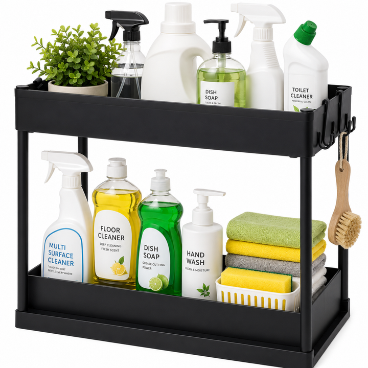 Beram Under Sink Organizer 2-Tier Sliding Cabinet Shelf Rack with Pull Out Drawer Hooks Double Layer Bathroom Kitchen Bedroom Countertop Storage Rack Space Saving Organizer Black