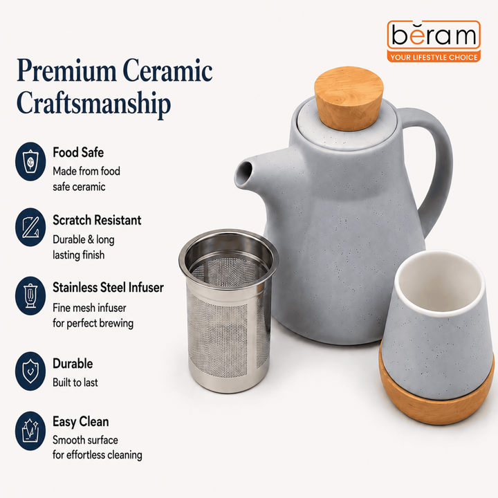BERAM Ceramic Tea Set 6 Pieces Set Turkish Cups and Saucers Teapot with Removable Stainless Steel Infuser Includes Wooden Coasters Scratch Resistant Decorative Tea Set with Gift Packaging Blue