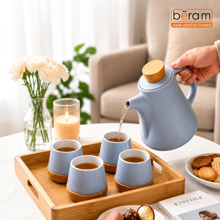 BERAM Ceramic Tea Set 6 Pieces Set Turkish Cups and Saucers Teapot with Removable Stainless Steel Infuser Includes Wooden Coasters Scratch Resistant Decorative Tea Set with Gift Packaging Blue