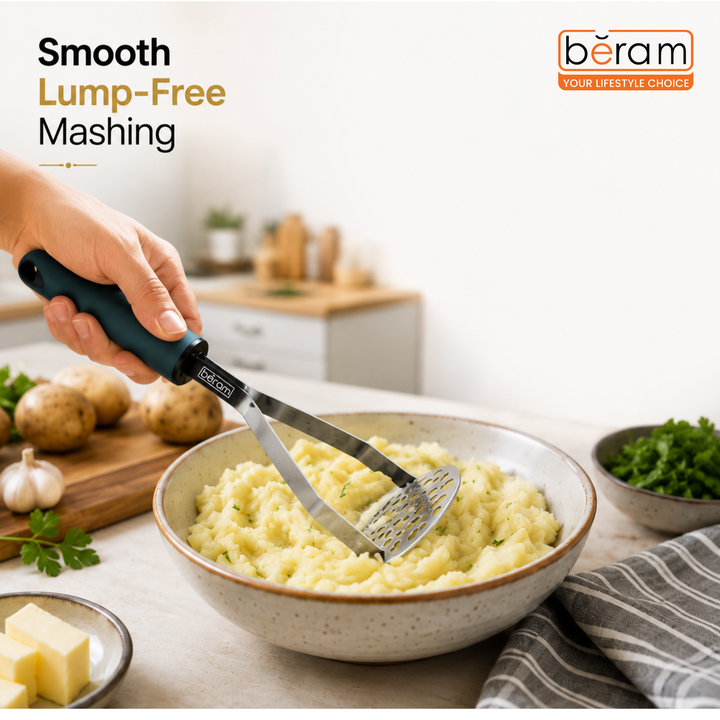 BERAM Potato Masher, Ricer for Vegetables, Stainless Steel with Comfortable Handle, Lump Free Tool, Perfect For Mashing Potatoes, Apples, Beans, Peas, and More, Heavy Duty Kitchen Tool