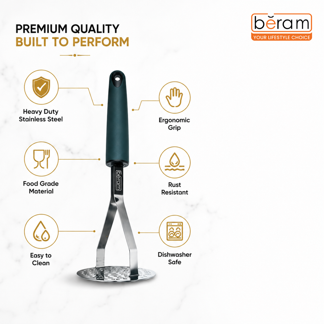 BERAM Potato Masher, Ricer for Vegetables, Stainless Steel with Comfortable Handle, Lump Free Tool, Perfect For Mashing Potatoes, Apples, Beans, Peas, and More, Heavy Duty Kitchen Tool