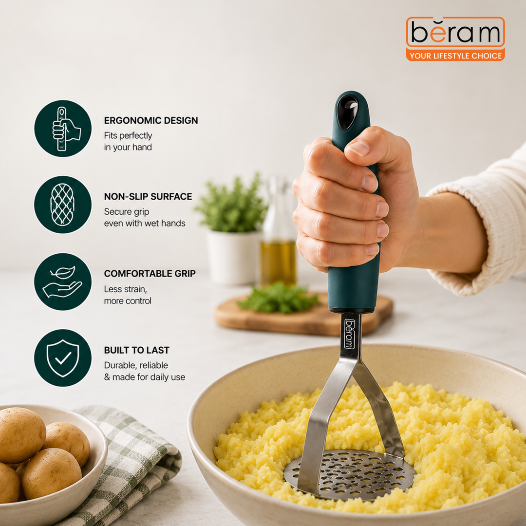 BERAM Potato Masher, Ricer for Vegetables, Stainless Steel with Comfortable Handle, Lump Free Tool, Perfect For Mashing Potatoes, Apples, Beans, Peas, and More, Heavy Duty Kitchen Tool