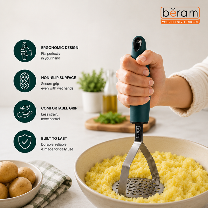 BERAM Potato Masher, Ricer for Vegetables, Stainless Steel with Comfortable Handle, Lump Free Tool, Perfect For Mashing Potatoes, Apples, Beans, Peas, and More, Heavy Duty Kitchen Tool