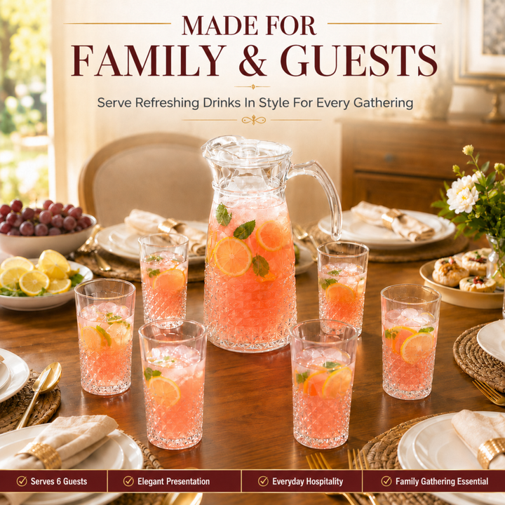 7 Piece Glass Drink Set with Pitcher and 6 Glasses, 11 OZ Drinking Tumblers, Clear Textured Glass Water Juice Beverage Serving Set with Lid, Dishwasher Safe for Home Dining Parties