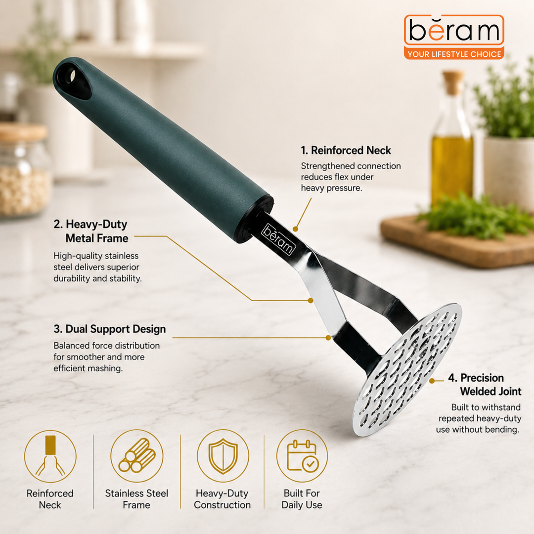 BERAM Potato Masher, Ricer for Vegetables, Stainless Steel with Comfortable Handle, Lump Free Tool, Perfect For Mashing Potatoes, Apples, Beans, Peas, and More, Heavy Duty Kitchen Tool