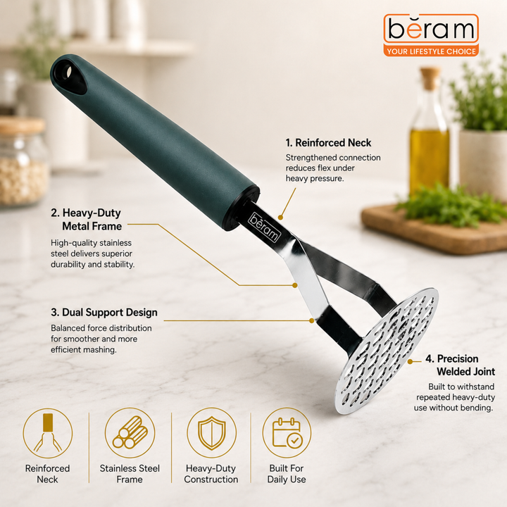 BERAM Potato Masher, Ricer for Vegetables, Stainless Steel with Comfortable Handle, Lump Free Tool, Perfect For Mashing Potatoes, Apples, Beans, Peas, and More, Heavy Duty Kitchen Tool