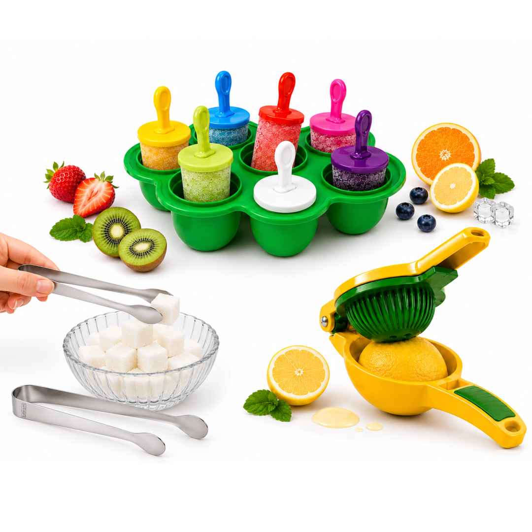 BERAM Summer Refresh Combo 7 Cavity Silicone Popsicle Mold with Lid & Sticks Premium Manual Lemon Squeezer 2PCS Stainless Steel Sugar Tongs DIY Ice Pops Fresh Citrus Drinks & Dessert Making Kit