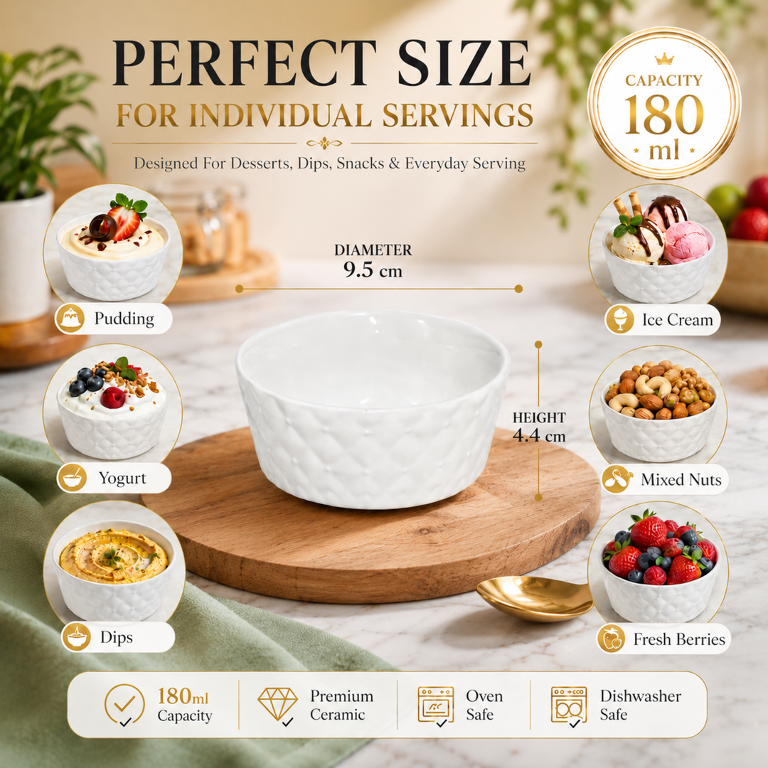 Ceramic Mini Bowl Set 6 Pieces White Microwave & Dishwasher Safe Heat Resistant Ceramic Bowls for Soup Snacks Desserts Dips Ice Cream Serving and Everyday Kitchen Use