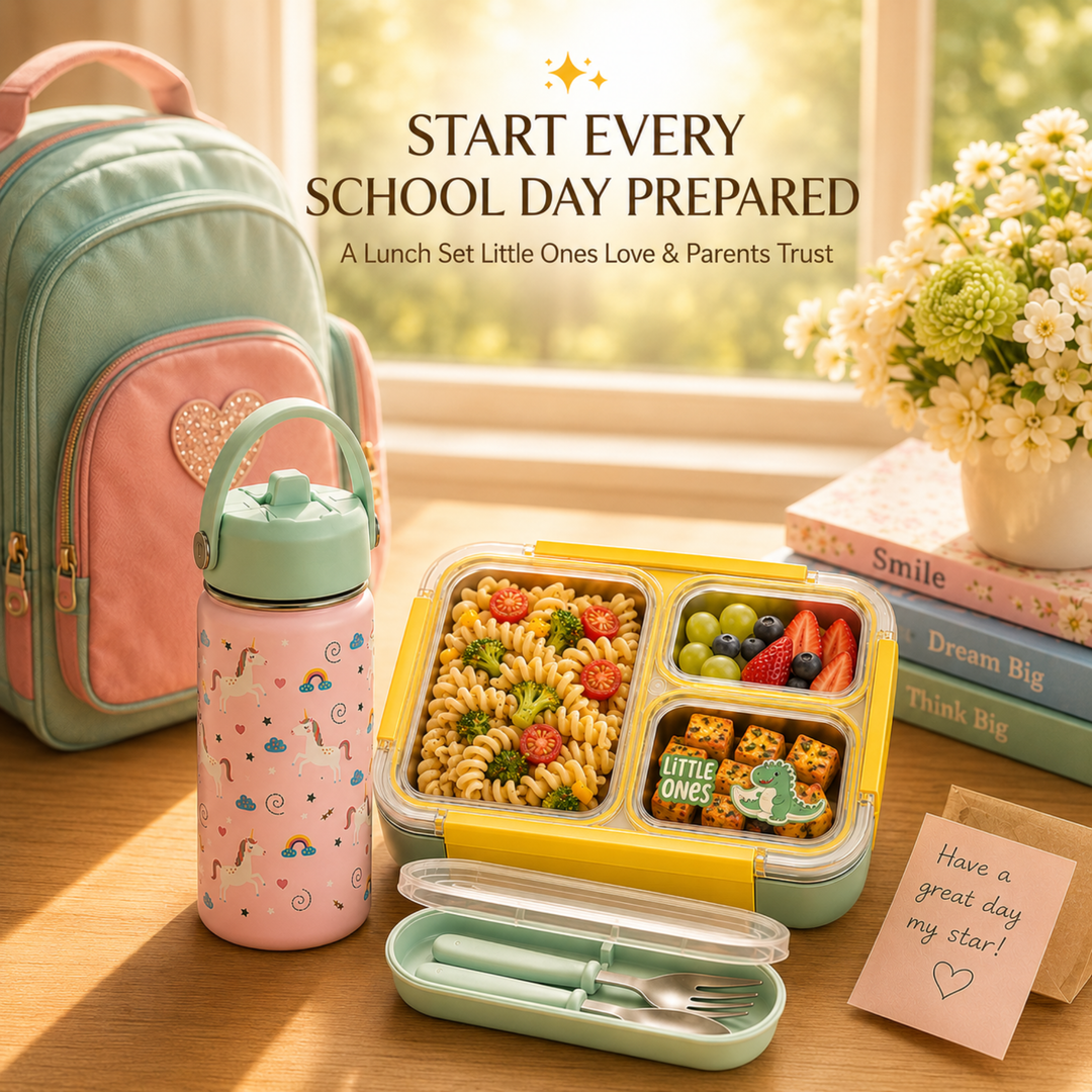Beram Kids School Lunch Combo Set Stainless Steel Thermal Water Bottle 500ml Insulated Bento Lunch Box 780ml with Spoon Fork Cutlery BPA Free Leakproof