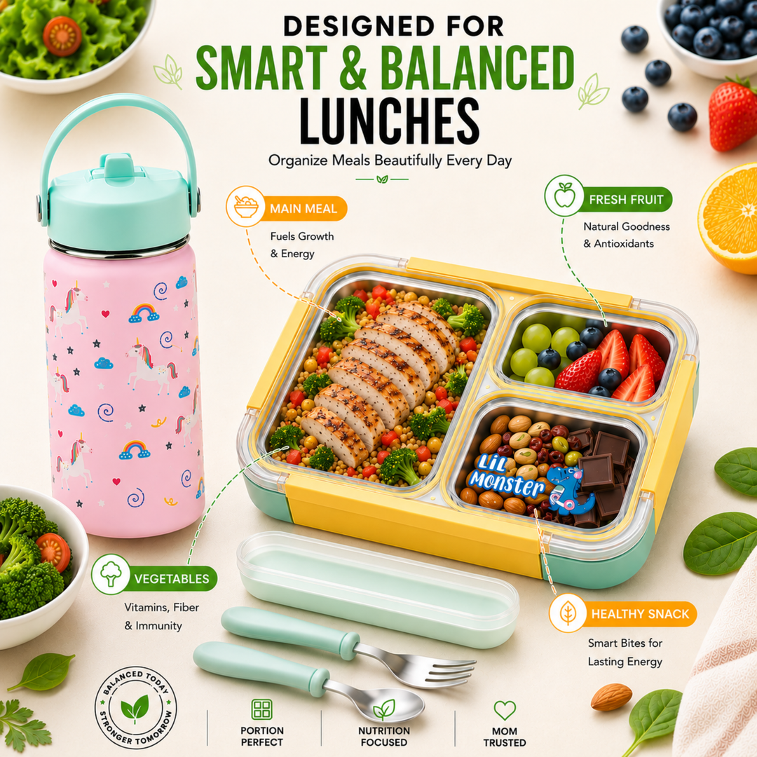 Beram Kids School Lunch Combo Set Stainless Steel Thermal Water Bottle 500ml Insulated Bento Lunch Box 780ml with Spoon Fork Cutlery BPA Free Leakproof