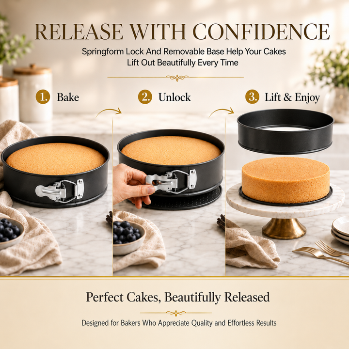 3 Piece Springform Cake Pan Set, Non Stick Carbon Steel Baking Tins with Removable Bottom & Quick Release Latch, Round 26cm Square 28cm Heart 24cm Bakeware for Cheesecake Pizza Cake Baking