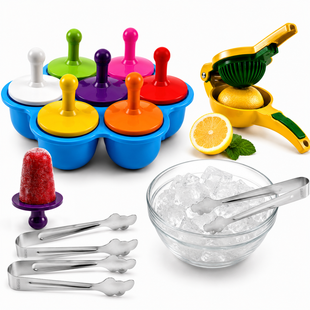 BERAM Mint Chill Combo – Green 7 Cavity Silicone Popsicle Mold with Reusable Sticks, Premium Manual Lemon Squeezer & 2PCS Stainless Steel Sugar Tongs | BPA Free DIY Ice Pop, Citrus Juicer & Dessert Serving Set