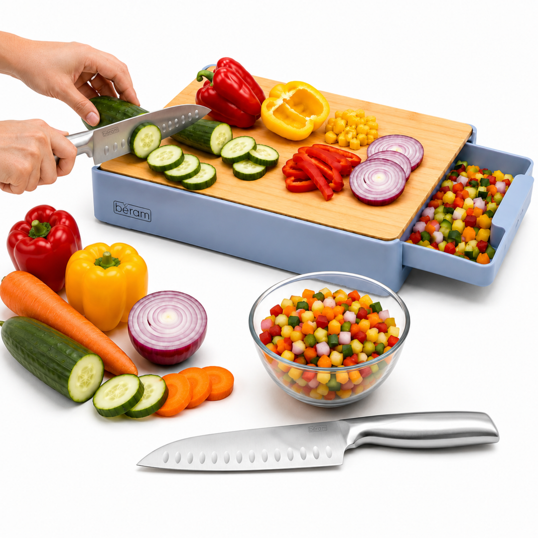 BERAM Prep & Chop Pro Kit – Bamboo Chopping Board with Wall Mounted Food Storage Design & 5 Inch Santoku Knife, 3CR13 Stainless Steel Sharp Kitchen Knife for Chopping, Slicing, Mincing, Meat, Fruits & Vegetables