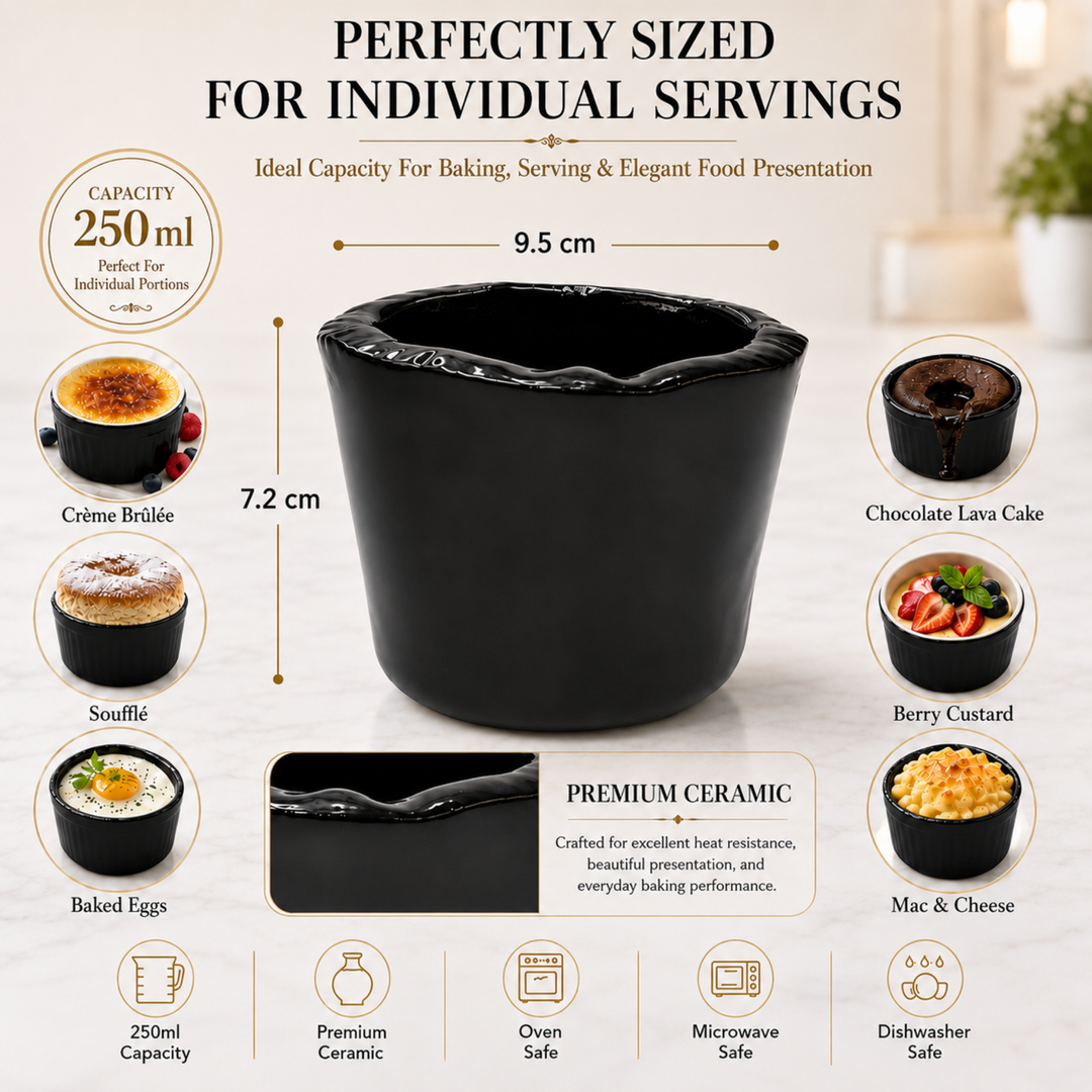 Beram Black Ceramic Soufflé Dish 250ml Ramekin Bowl for Crème Brûlée Custard Pudding & Desserts Oven Safe Microwave Safe Dishwasher Safe Heat Resistant Baking Cup  Soufflé Lava Cake Individual Serving