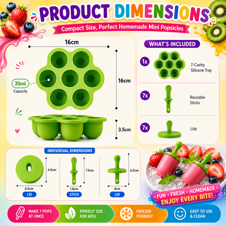 Beram Mini Popsicle Ice Cream Mould Seven Colourful Sticks Healthy Fruit Moulds Pure Silicone Mould with Plastic Sticks Kids Ice Cream DIY Pop Molds BPA Free
