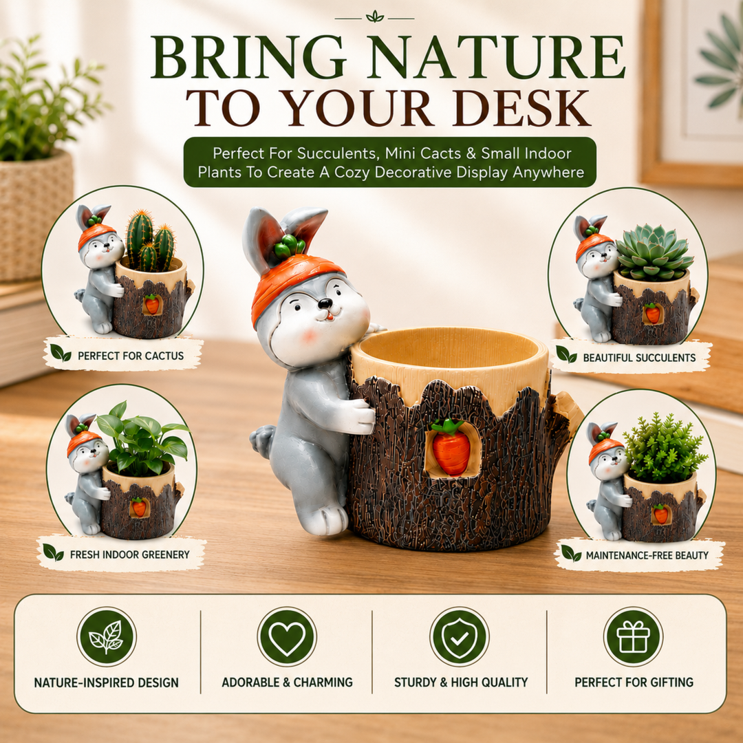 Animal Fruit Harvest Flower Pot Bunny Carrot and Bear Honey Bee Set Polyresin Cute Animal Succulent Planters Decorative Tree Trunk and Honey Pot Vase Desk Flower Pot Pen Pencil Holder Propagator Kit Indoor Outdoor Home Garden Decor