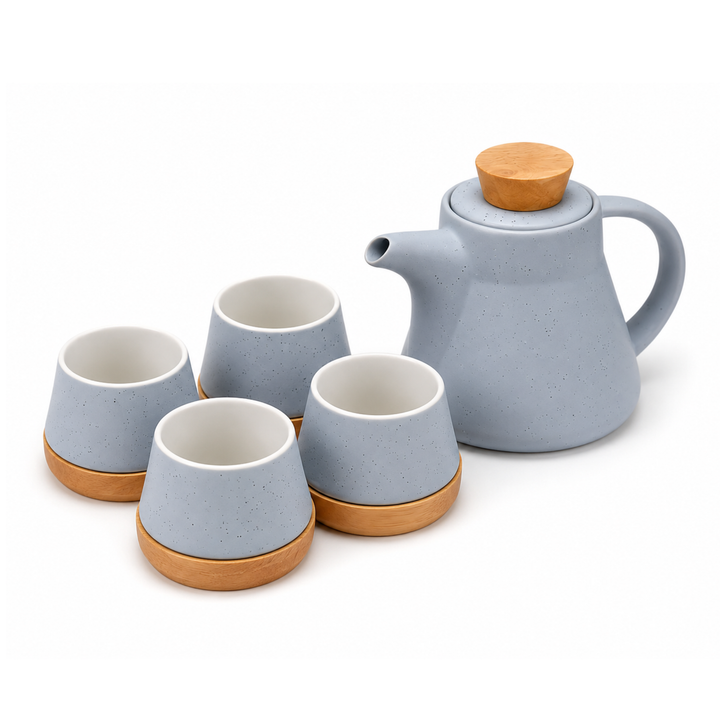 BERAM Ceramic Tea Set 6 Pieces Set Turkish Cups and Saucers Teapot with Removable Stainless Steel Infuser Includes Wooden Coasters Scratch Resistant Decorative Tea Set with Gift Packaging Blue