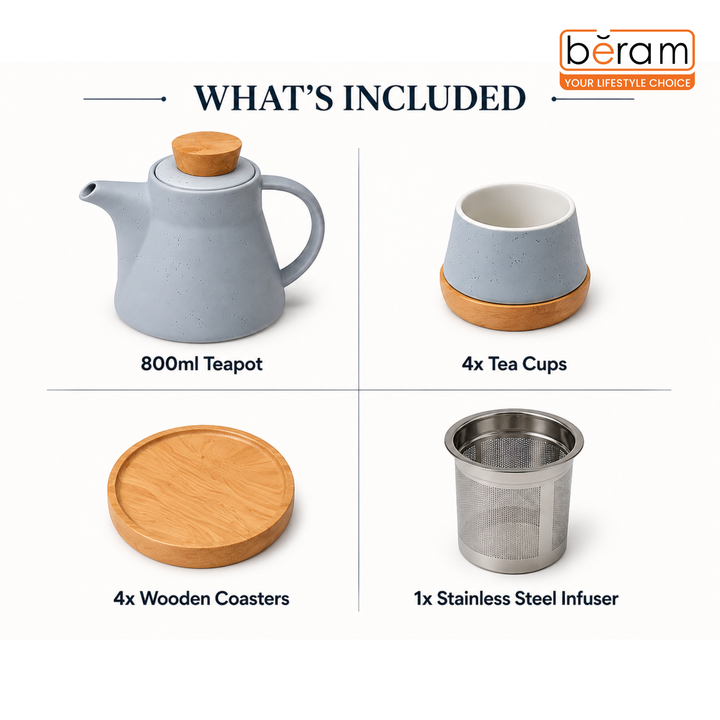 BERAM Ceramic Tea Set 6 Pieces Set Turkish Cups and Saucers Teapot with Removable Stainless Steel Infuser Includes Wooden Coasters Scratch Resistant Decorative Tea Set with Gift Packaging Blue