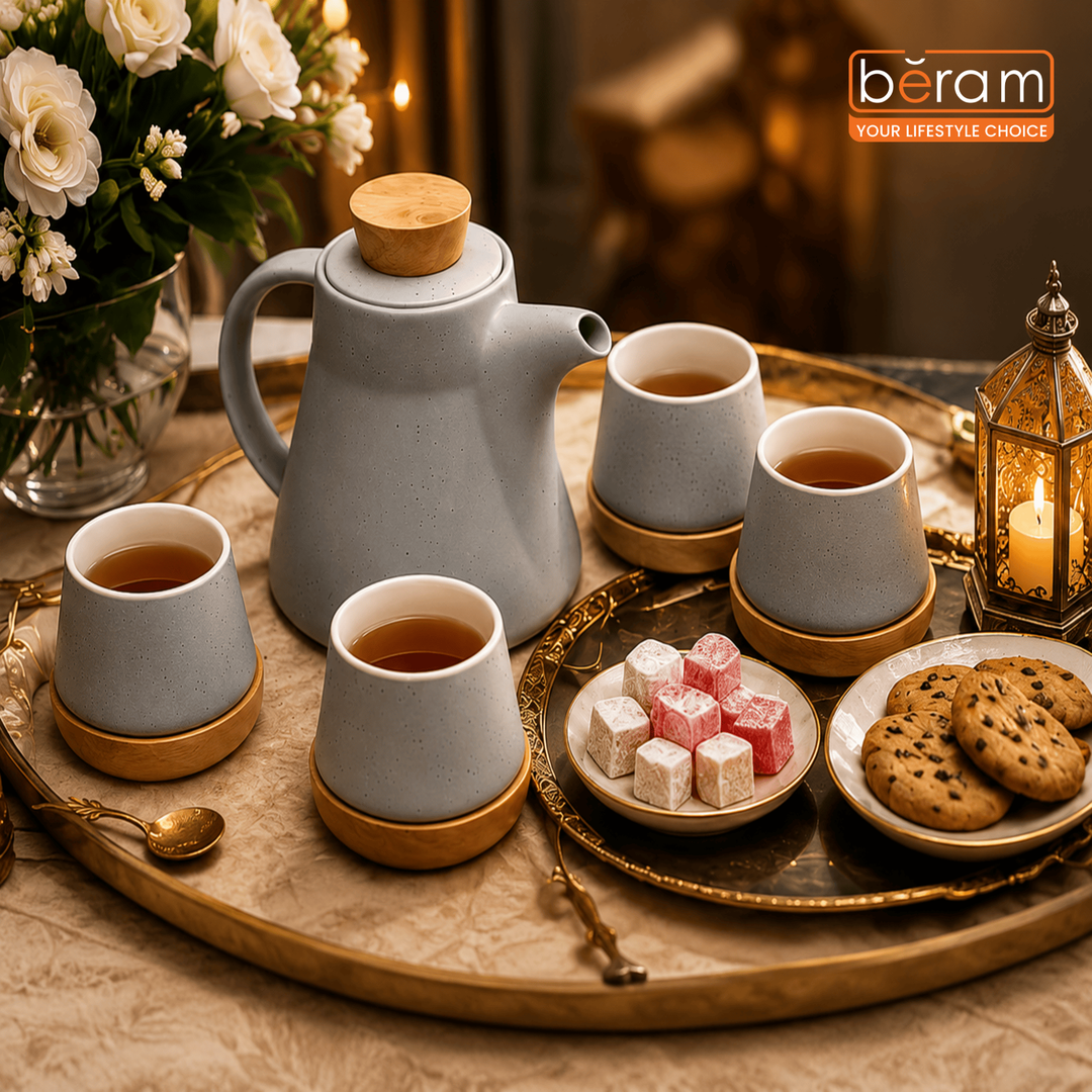 BERAM Ceramic Tea Set 6 Pieces Set Turkish Cups and Saucers Teapot with Removable Stainless Steel Infuser Includes Wooden Coasters Scratch Resistant Decorative Tea Set with Gift Packaging Blue
