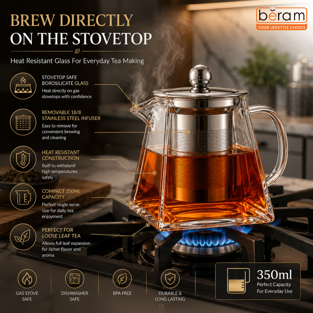BERAM Glass Teapot with Removable 18/8 Stainless Steel Infuser – 350ml Square Base Borosilicate Glass Tea Kettle, Stovetop Safe, Handcrafted Loose Leaf Tea Maker for Home or Office