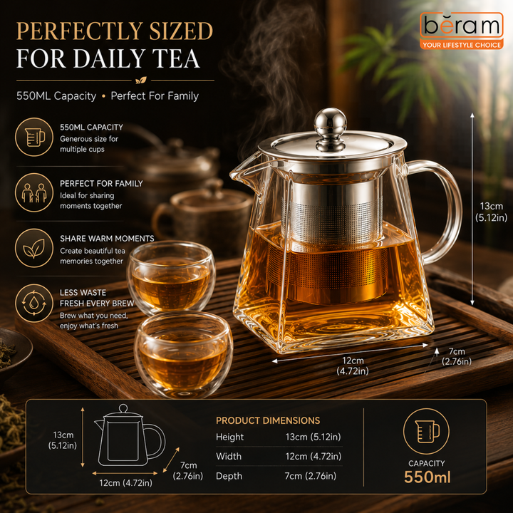 BERAM Glass Teapot with Removable 18/8 Stainless Steel Infuser – 550ml Borosilicate Glass Tea Kettle with Square Base, Stovetop Safe, Handcrafted Loose Leaf Tea Maker for Home or Office