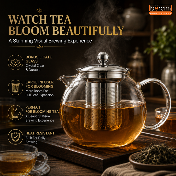 BERAM Glass Teapot with Removable Stainless Steel Infuser, 650ml Trunkless Borosilicate Tea Kettle, Stovetop Safe Handcrafted Clear Teapot for Loose Leaf Tea, Herbal & Blooming Tea