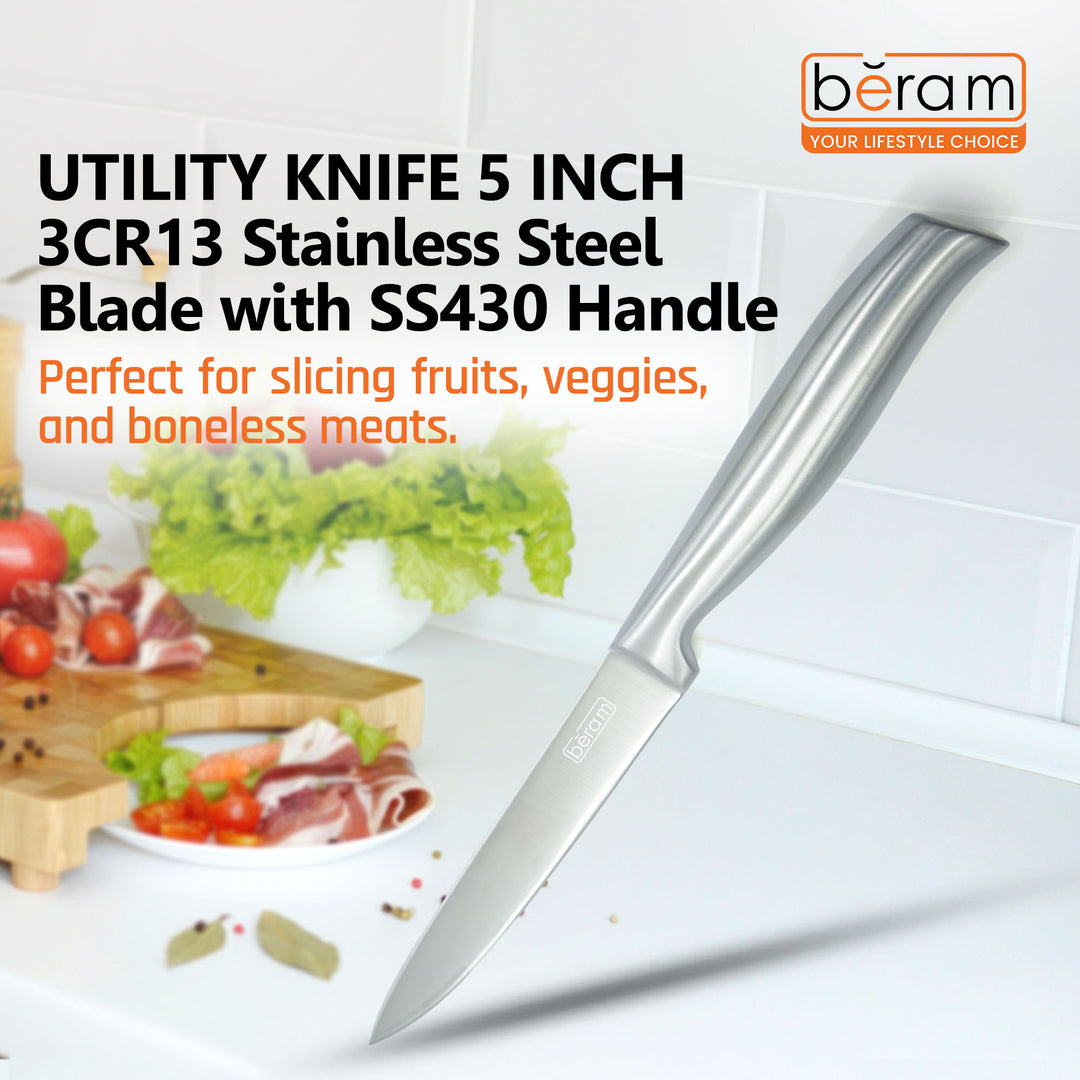 BERAM 5 Inch Proffessional Utility Knife 3CR13 Stainless Steel Blade Sharp Versatile Ergonomic Precise Cutting Knife for Home Professional Kitchens Sleek Durable Kitchen Essential SS hollow handle