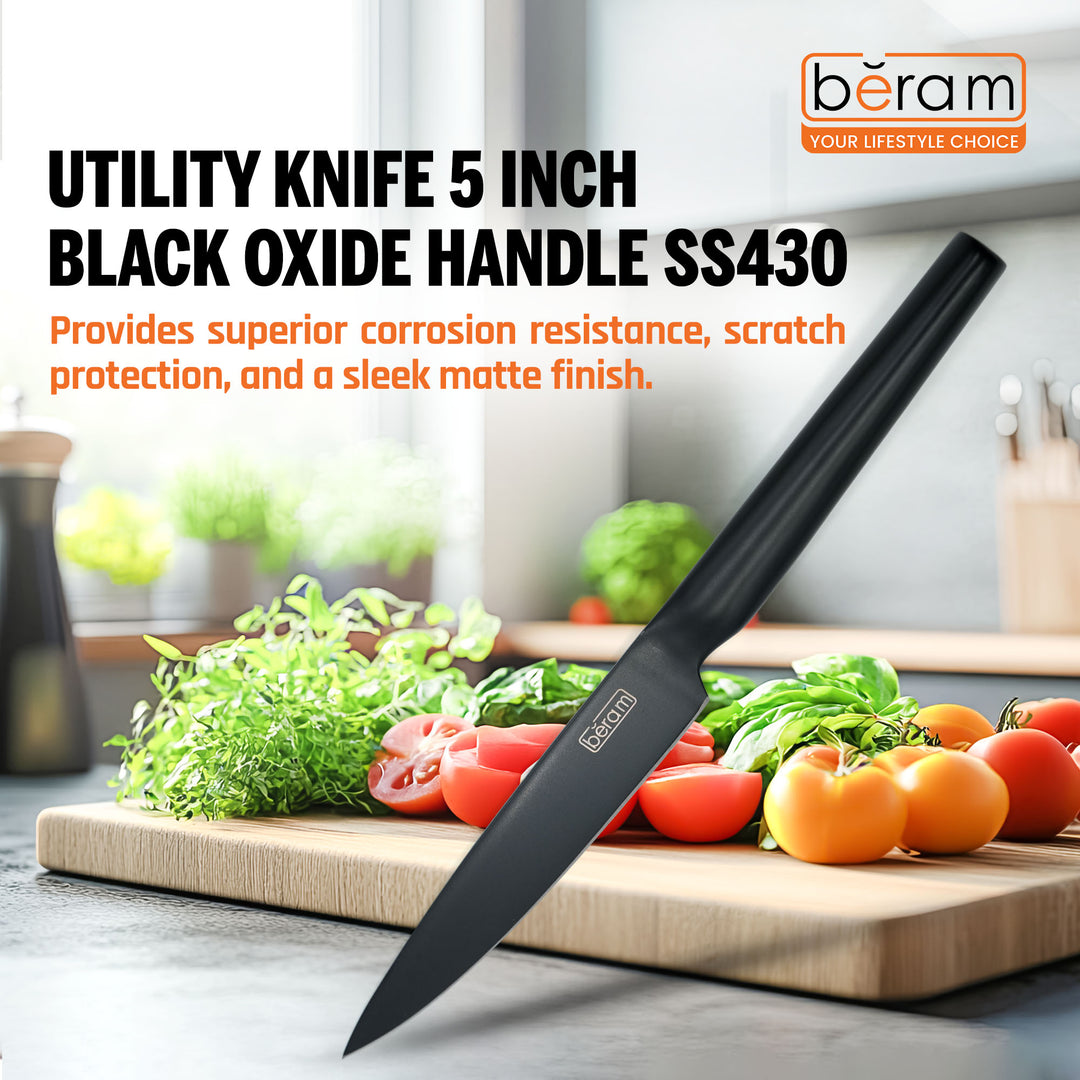 BERAM 5 Inch Utility Knife Black Oxide Coated 3CR13Stainless Steel Blade with SS430 Handle  Non-Stick Scratch-Resistant Blade for Precise Slicing Trimming Sleek Everyday Kitchen Tool