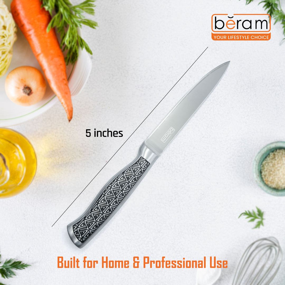 BERAM 5 Inch Professional Utility Knife 3CR13 Stainless Steel Blade Sharp Precision Granton Edge Chopping Slicing Mincing Stylish Modern Durable Kitchen Essential SS Design hollow handle