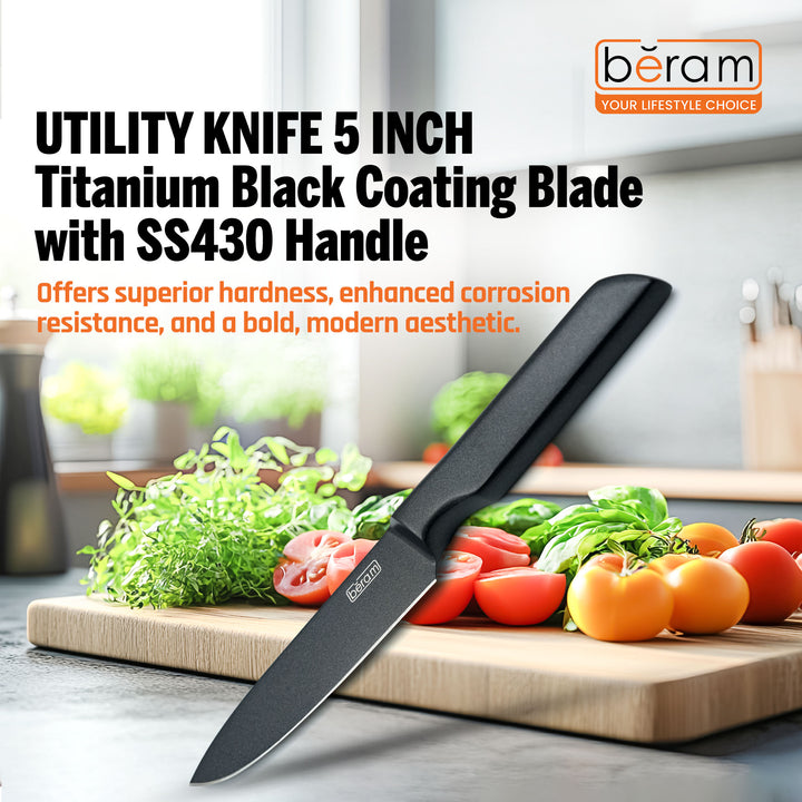 BERAM 5 Inch Utility Knife Titanium Black Coated 3CR13 Stainless Steel Blade with SS430 Handle  Precision Cutting Tool for Fruits  Vegetables  Meats  Sleek  Durable Kitchen Knife
