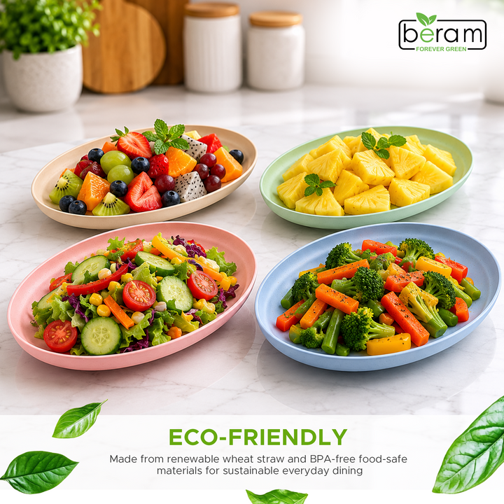 BERAM Wheat Straw Plate Set, Dinnerware Set of 4, Unbreakable Plates, Lightweight Dishes, Kitchen Crockery, Serving Saucers and Platters