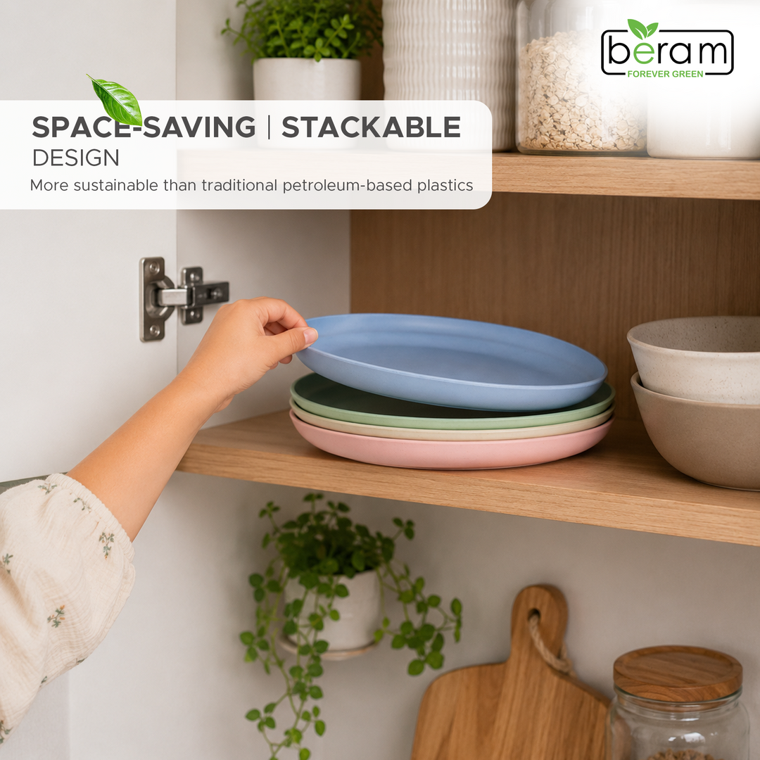 BERAM Wheat Straw Plate Set, Dinnerware Set of 4, Unbreakable Plates, Lightweight Dishes, Kitchen Crockery, Serving Saucers and Platters